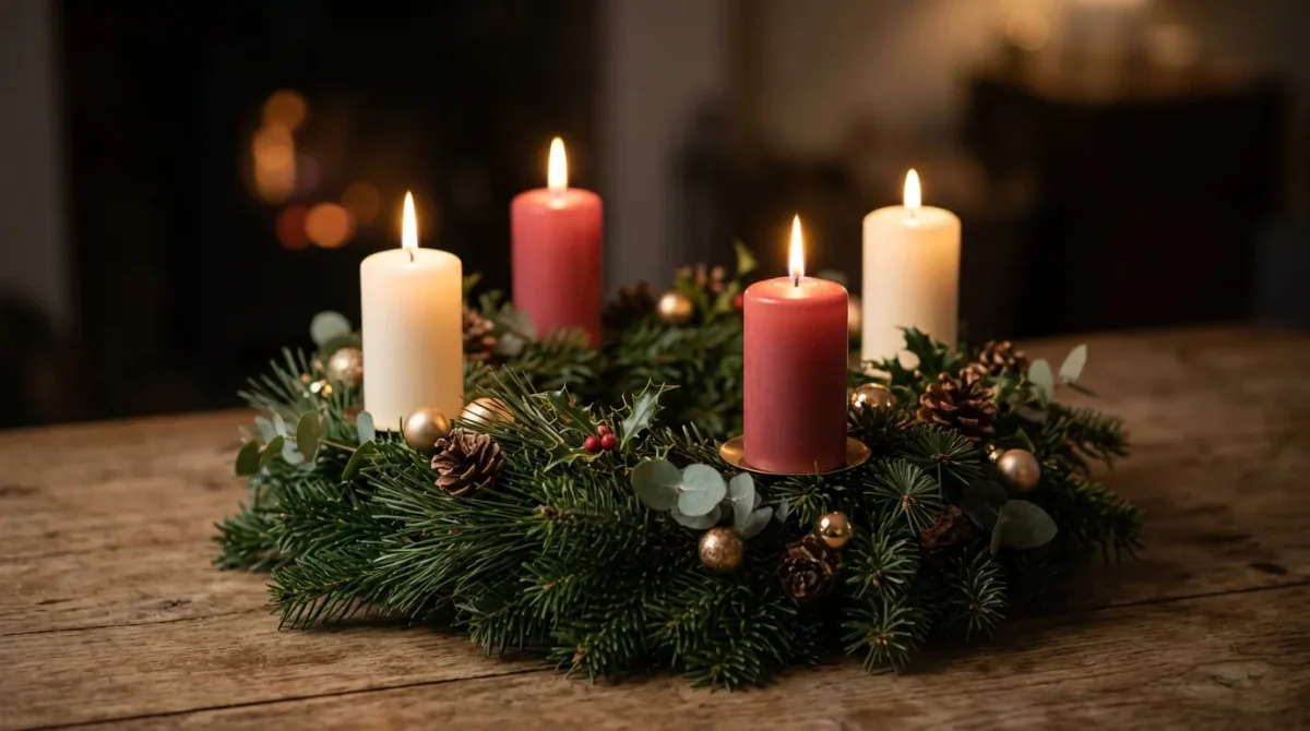 Advent wreath with lit candles on a wooden table