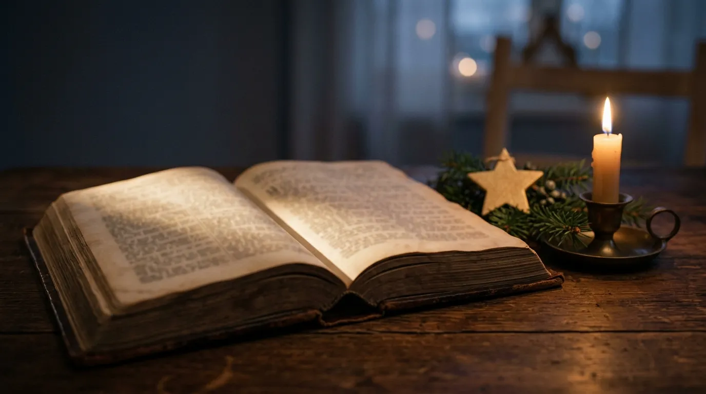 Open Bible with Christmas greenery and candlelight