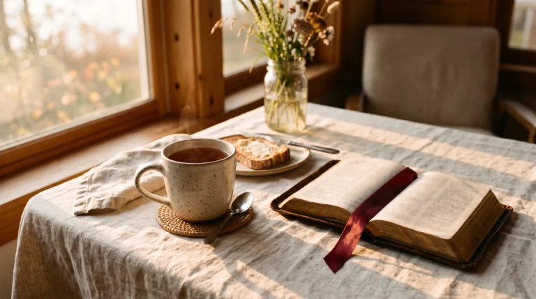 Coffee and open Bible on a sunlit table for morning Sunday blessings