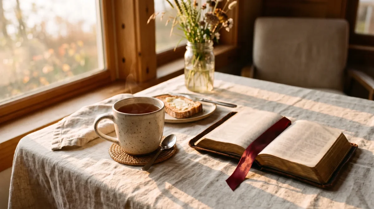 Coffee, an open Bible, and toast on a table during a peaceful Sunday morning