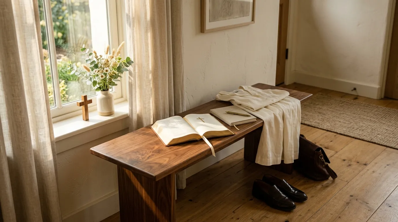 Open Bible and Sunday clothes prepared for church on a peaceful morning