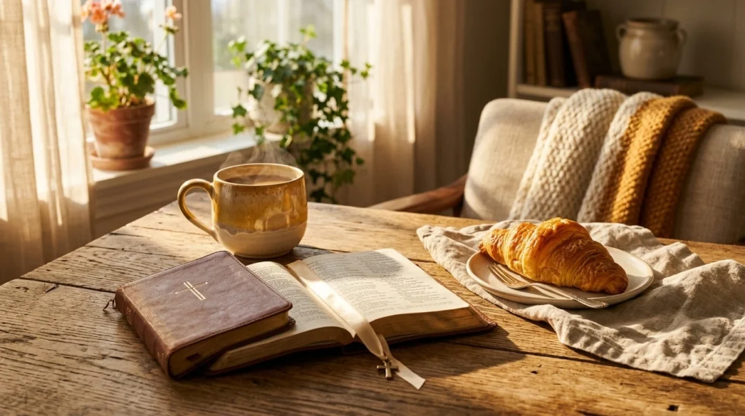 Peaceful Sunday morning scene with Bible and coffee