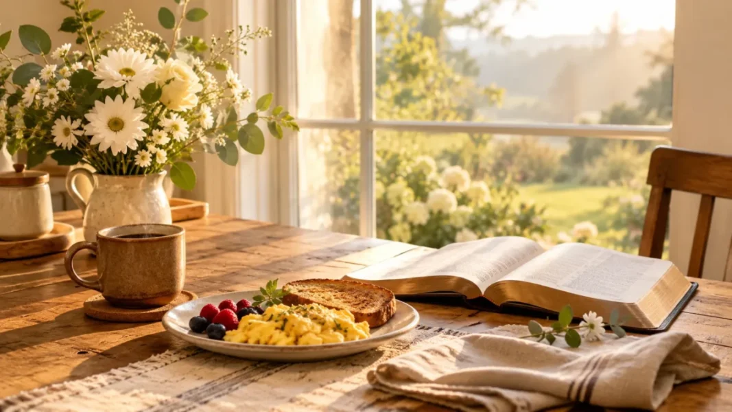 Peaceful Sunday morning blessings with Bible, coffee, flowers, and sunlight