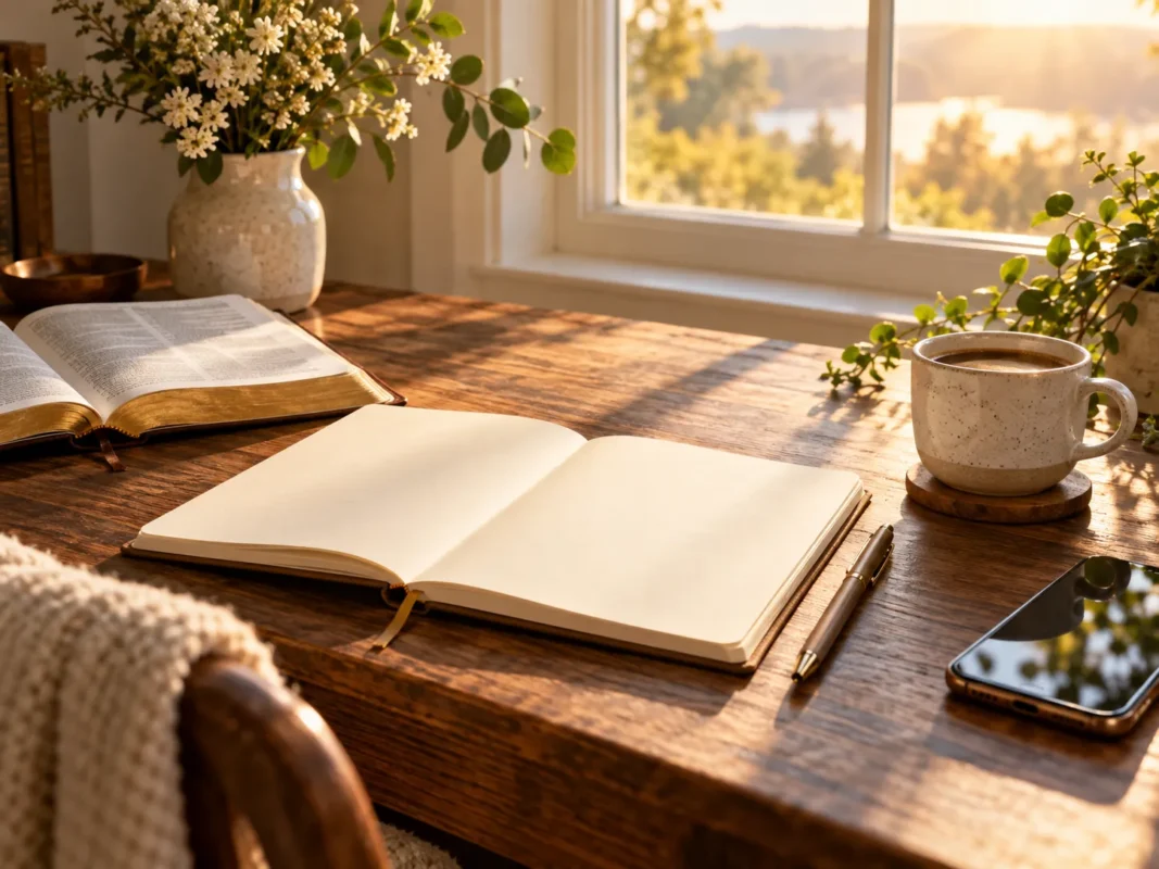 Notebook and Bible for writing a thoughtful Sunday morning blessing