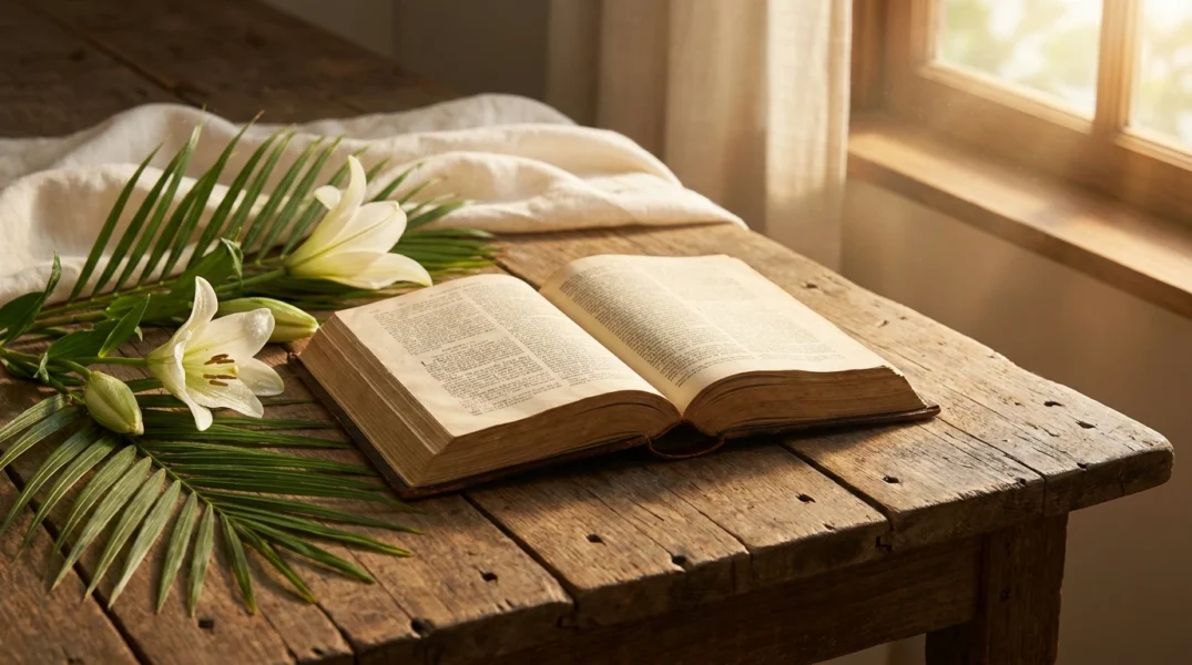 Open Bible with palm leaves and flowers for seasonal Sunday blessings