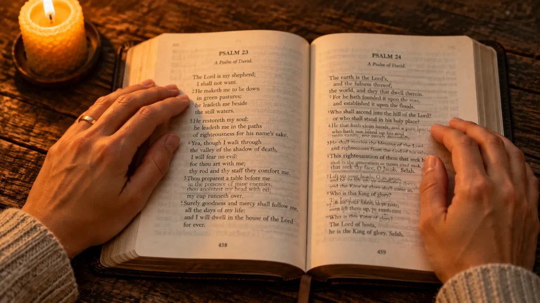 Hands gently resting on the pages of an open Bible