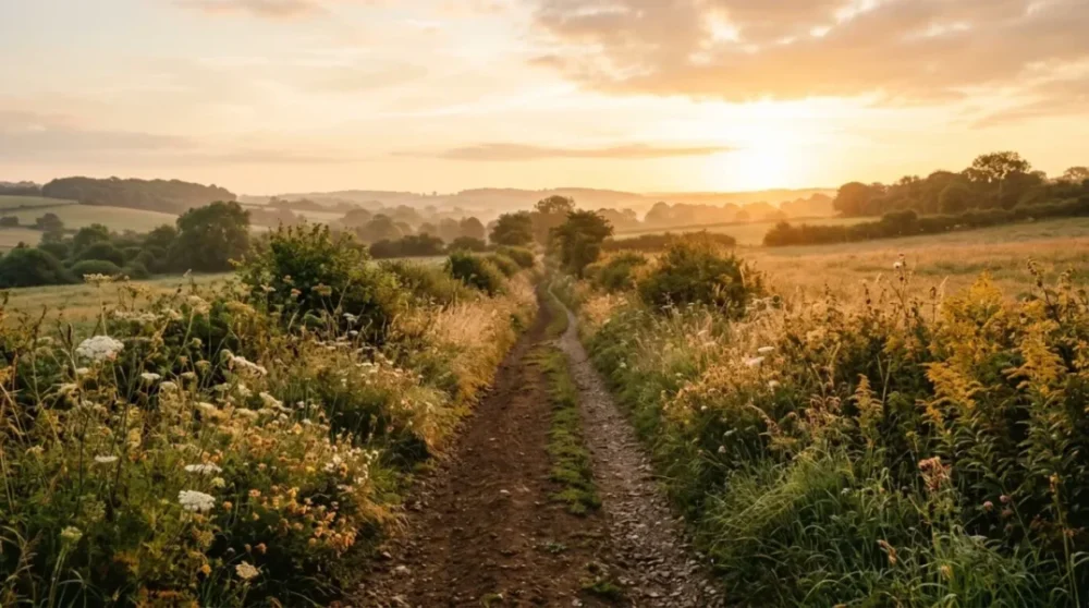 A sunlit country path at dawn with wildflowers along the edges.