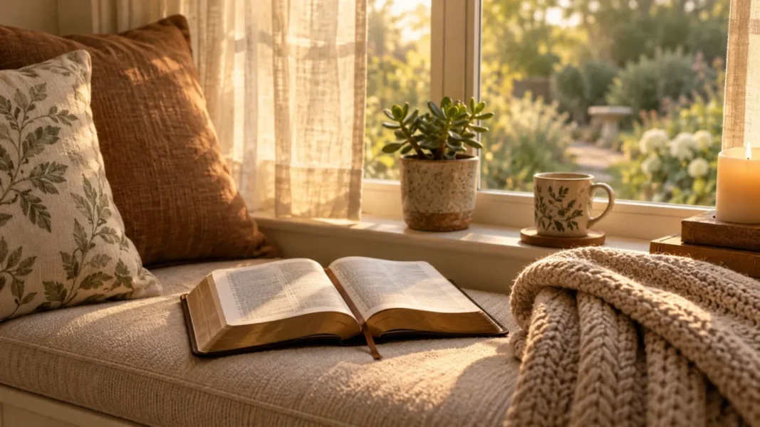 A quiet window seat with soft morning light with an open Bible.