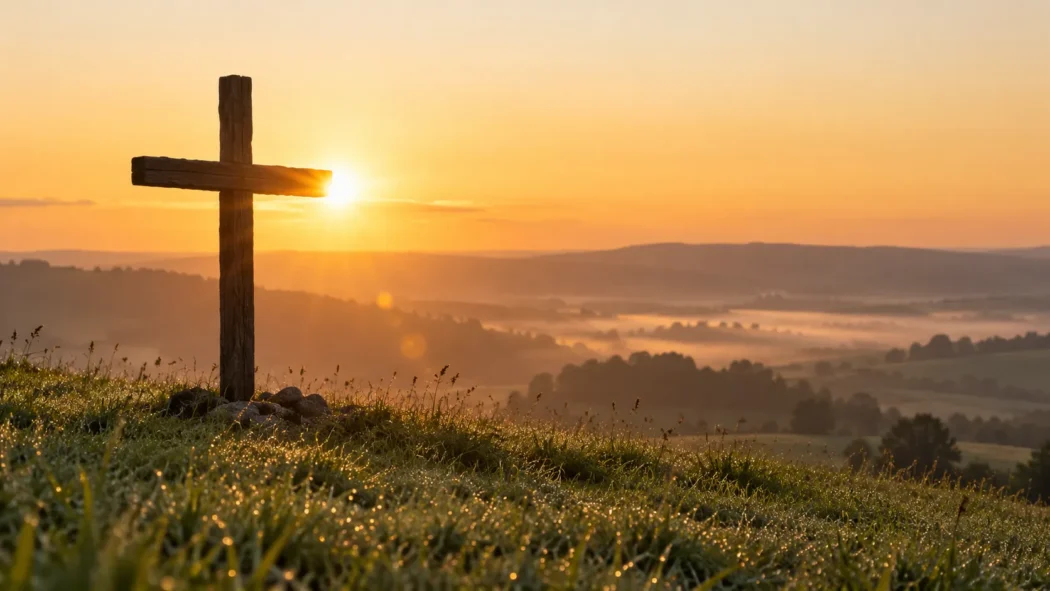 A simple wooden cross silhouetted against a golden Sunday sunrise.