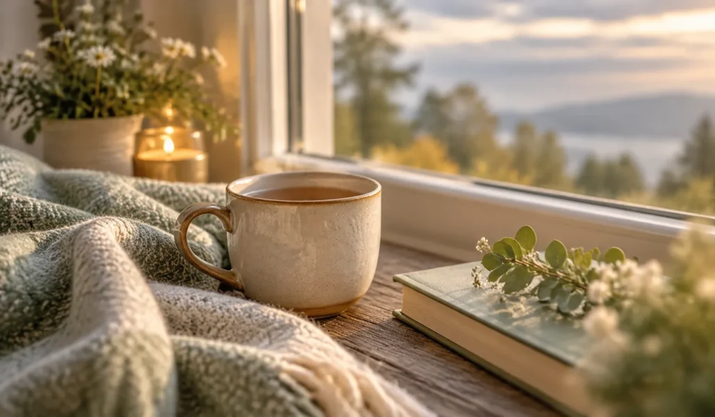 A warm mug of tea beside a folded blanket on a quiet window.