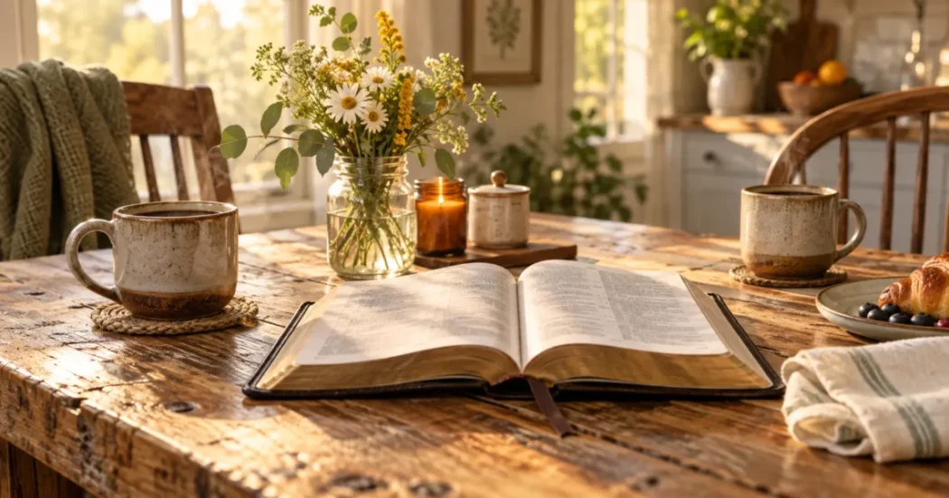 A warm Sunday morning family table with an open Bible