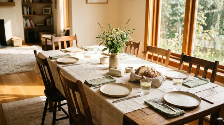 Table set for a Sunday family meal with wildflowers and morning light