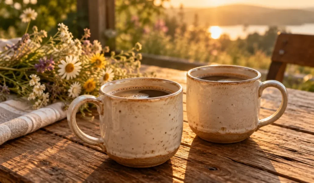 Two coffee mugs on a rustic wooden table with wildflowers in warm morning light