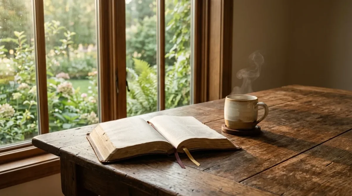 Open Bible in warm sunrise light for Sunday blessings and a new week
