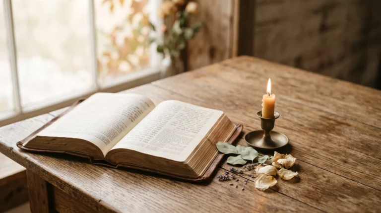 Bible, candle, and dried flowers on a wooden table for Sunday devotion