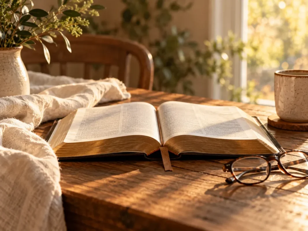 Open Bible in warm morning light for Sunday Bible verses