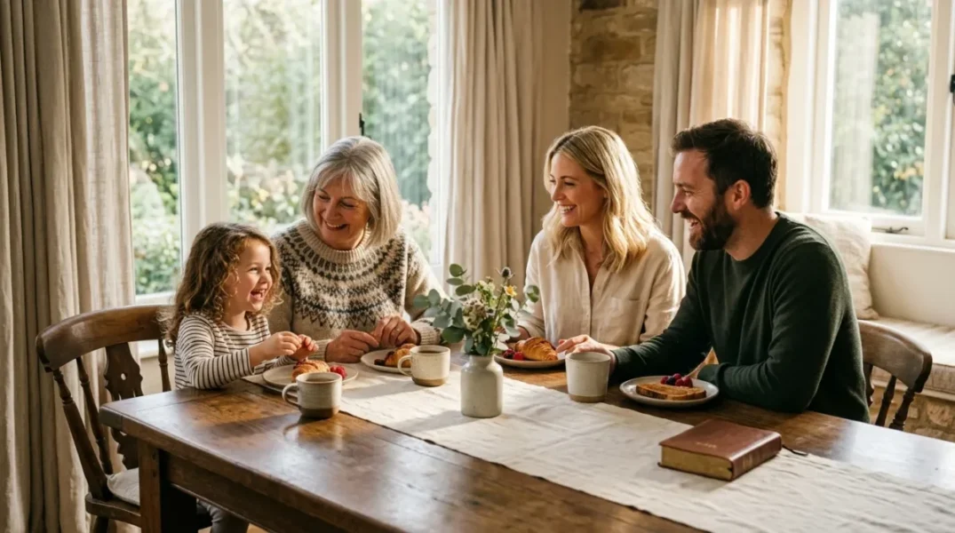 Family sharing a peaceful Sunday morning around the breakfast table