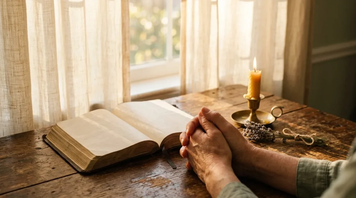 Soft morning sunlight on an open Bible and a moment of prayer.