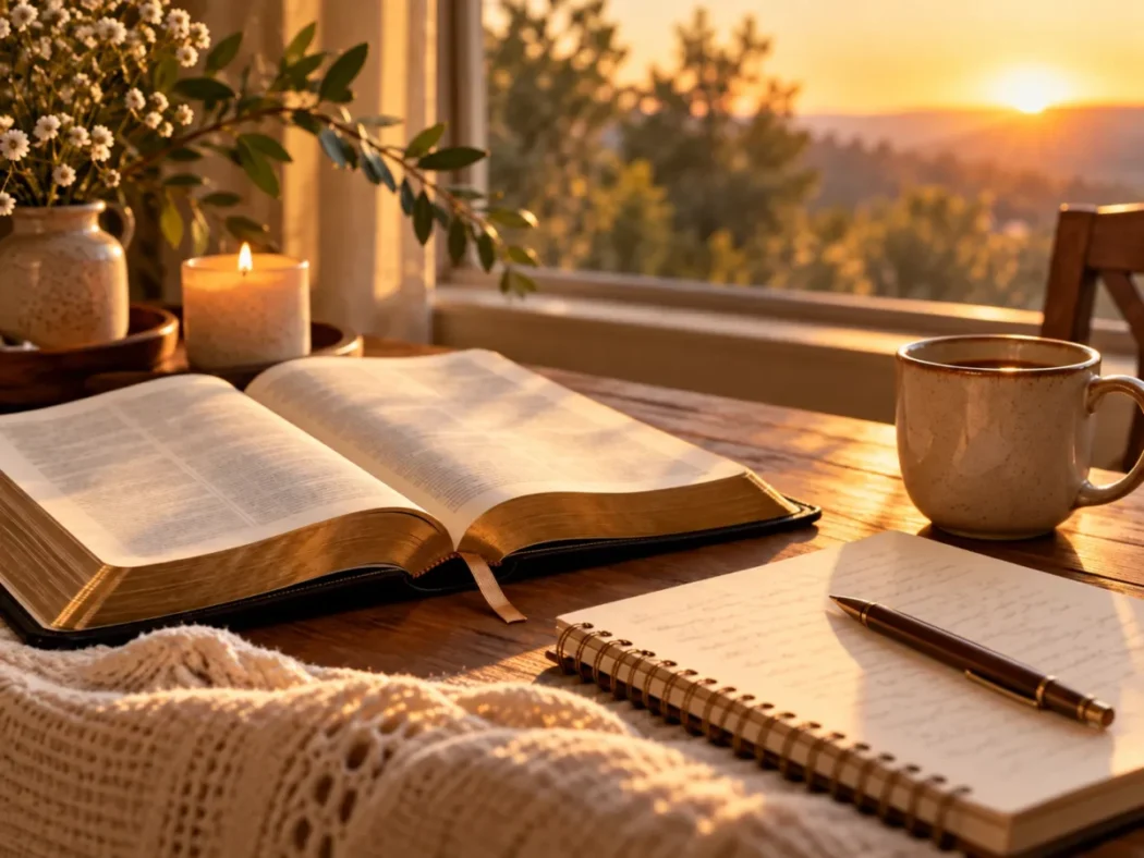 Open Bible and prayer journal in peaceful Sunday morning light