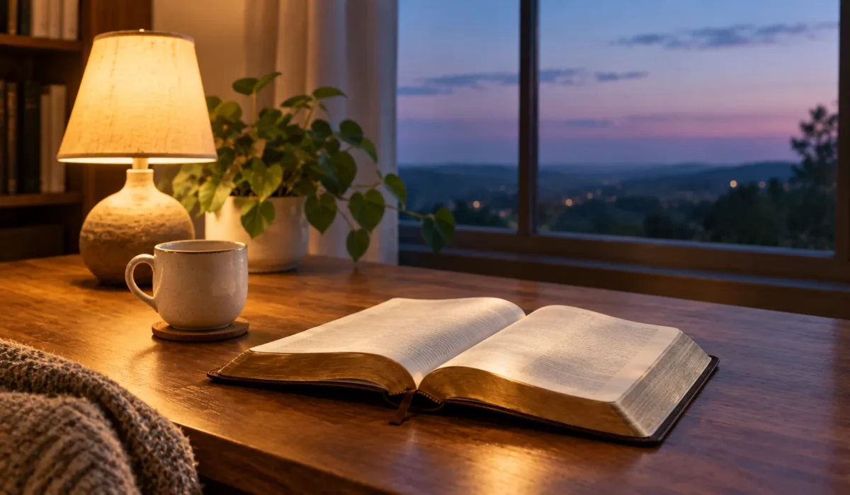 Lamp-lit room at night with an open Bible for Sunday night blessings