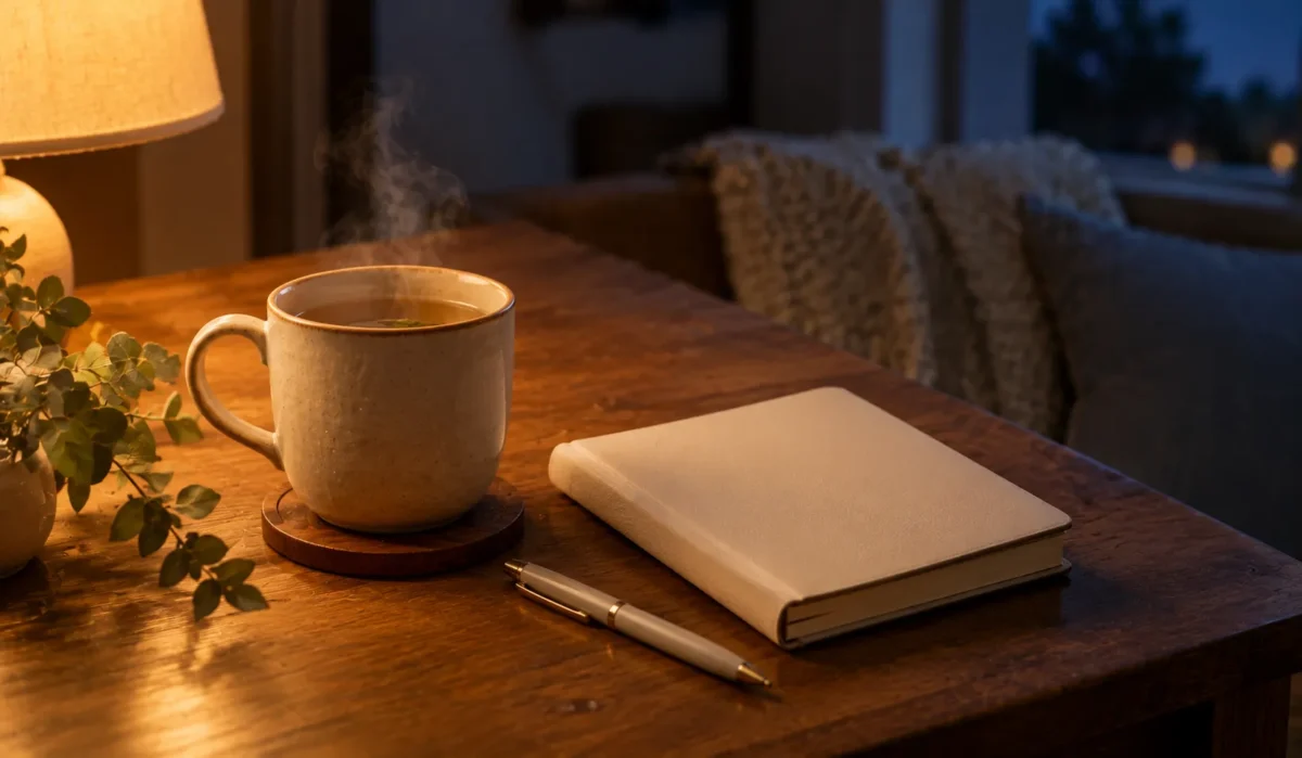 Warm tea and a journal by lamplight for a calm Sunday night