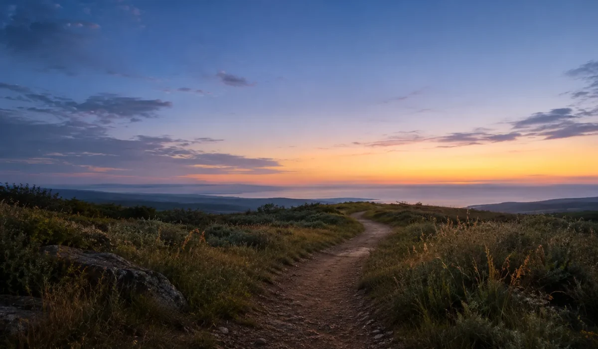 A path leading toward a faint dawn glow symbolizing the new week ahead.