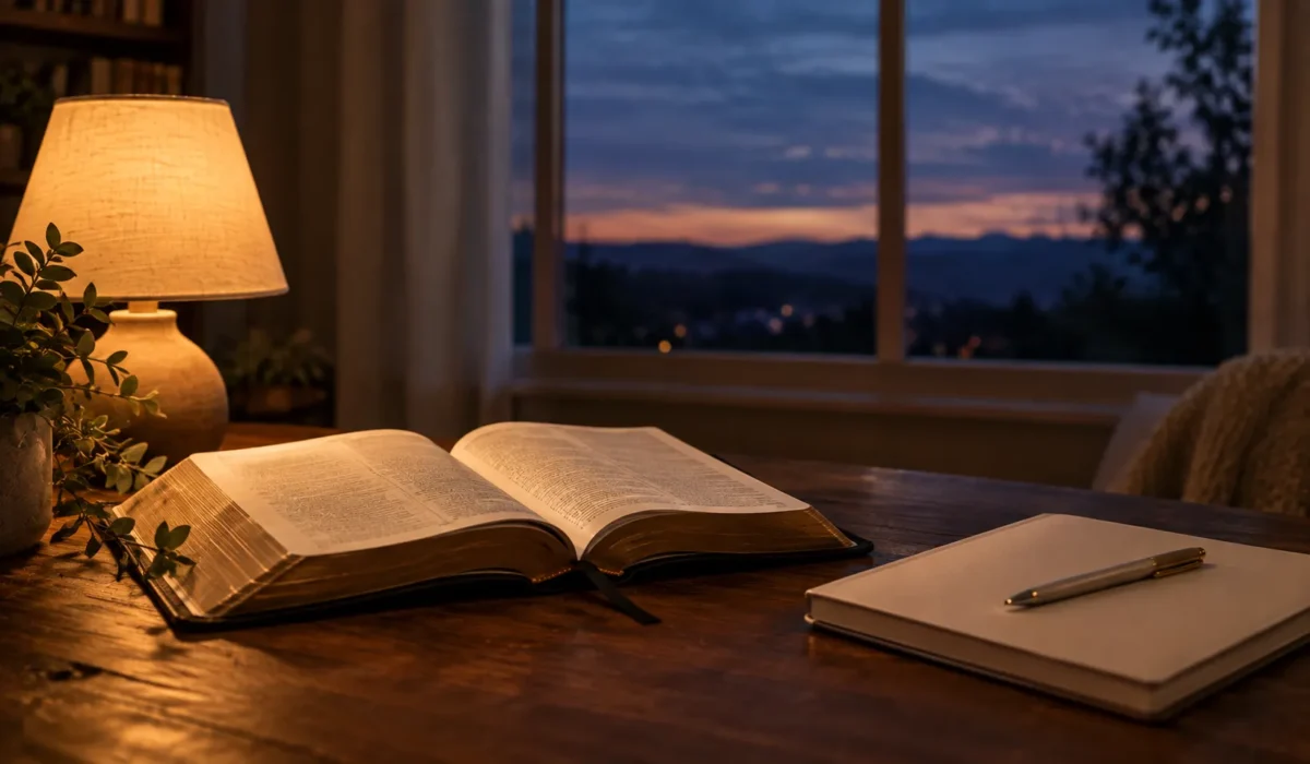 Open the Bible and prayer journal beside a warm lamp on Sunday night.