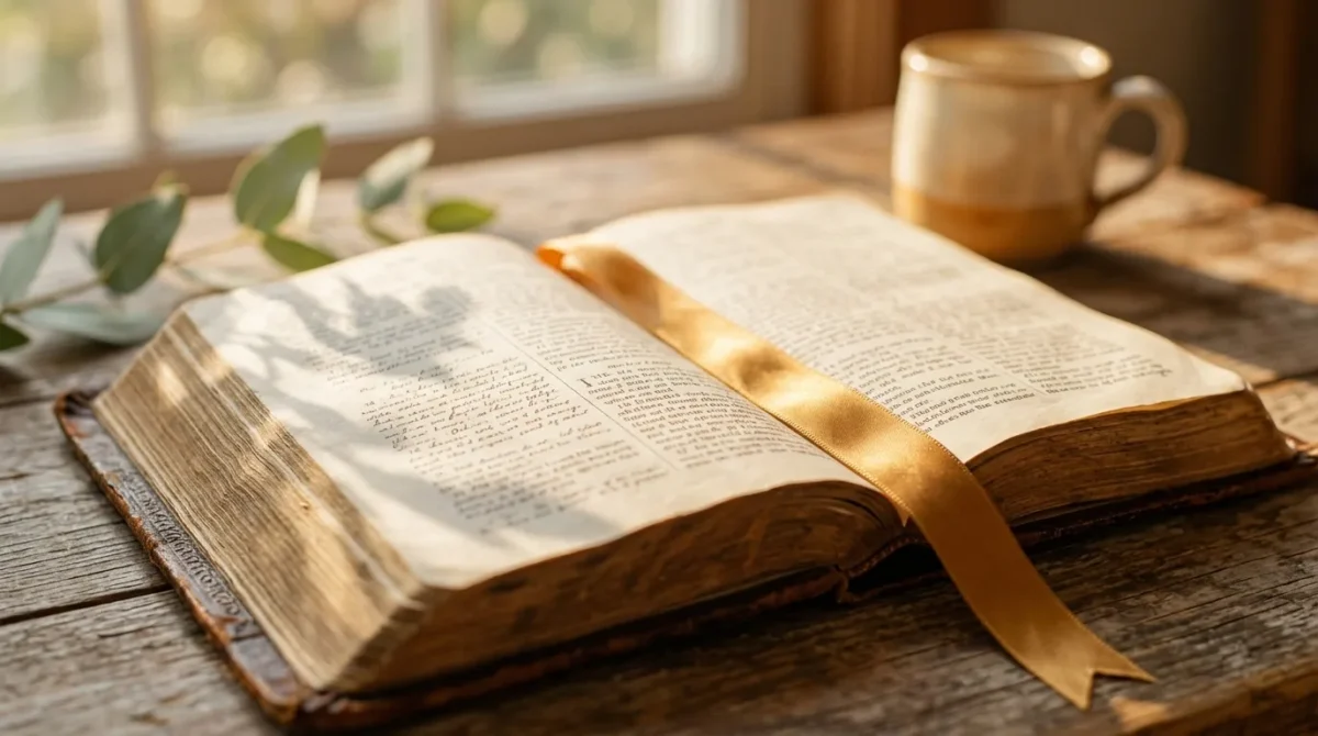 Open Bible with soft morning light crossing the pages.