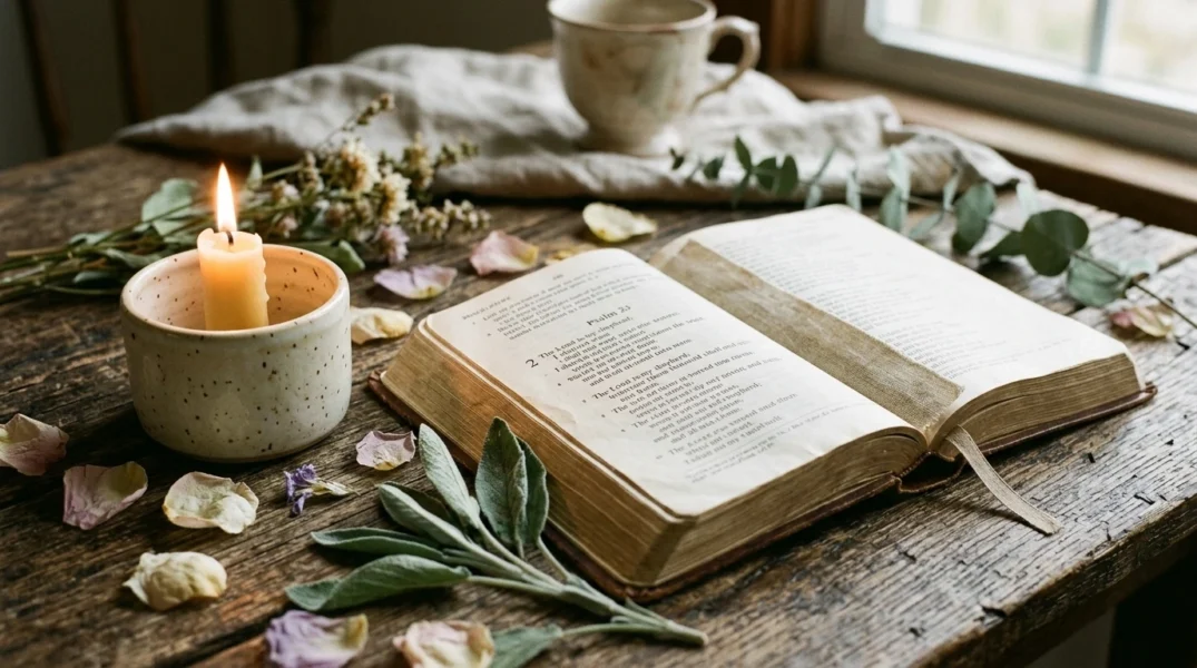 Open Bible and prayer journal in warm Sunday morning light