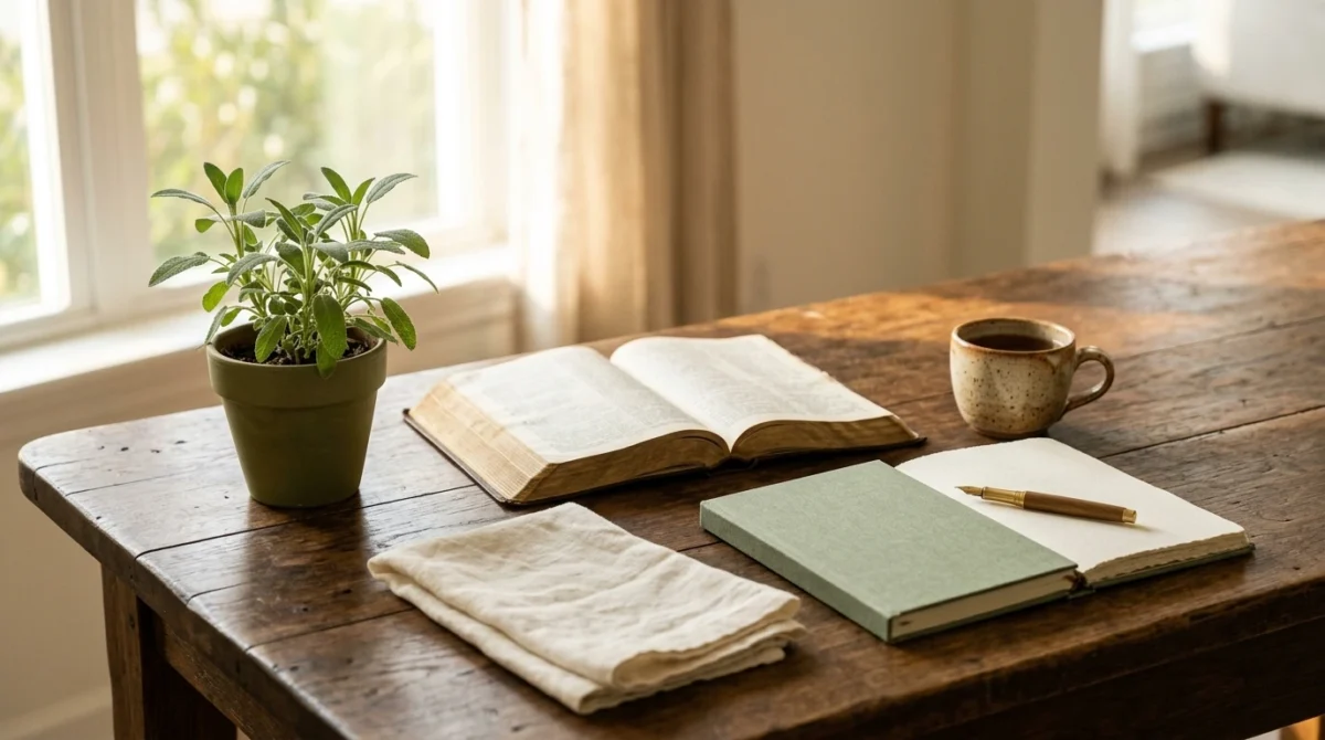 Open Bible and journal representing Sunday reflection, faith, and blessings.