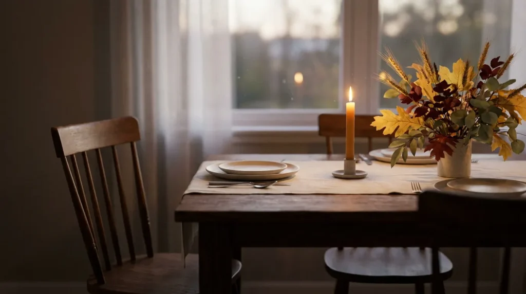 A single candle and an empty chair at a quiet Thanksgiving blessings table in soft evening light