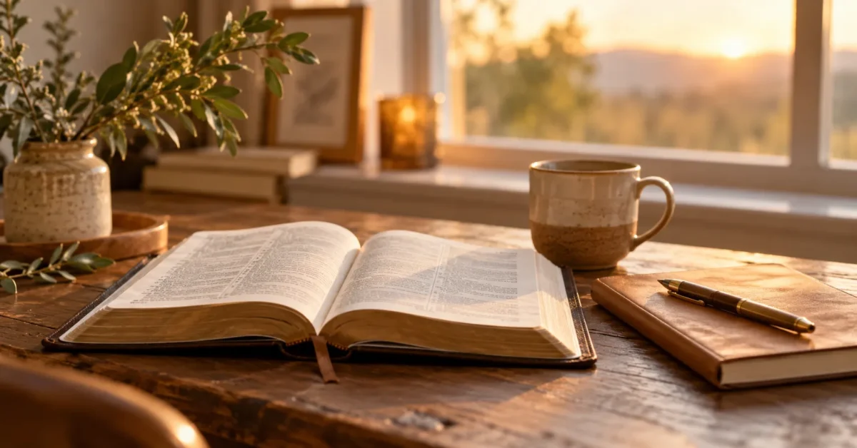 Open Bible, a notebook, and a warm cup on a wooden desk by soft daylight about Sunday hope