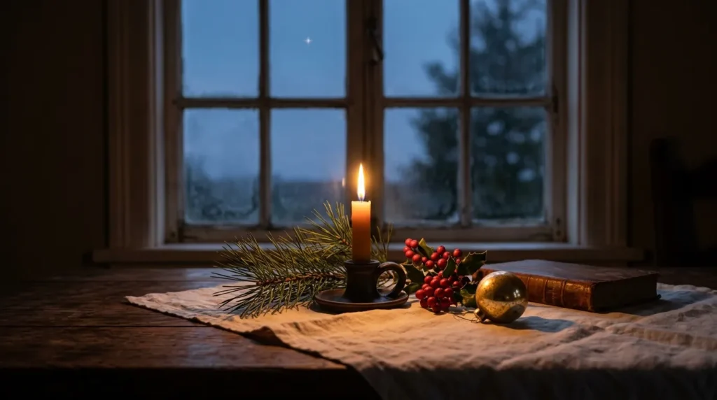 Christmas Eve blessings scene with a lit candle, pine, and a window at dusk on a holy night