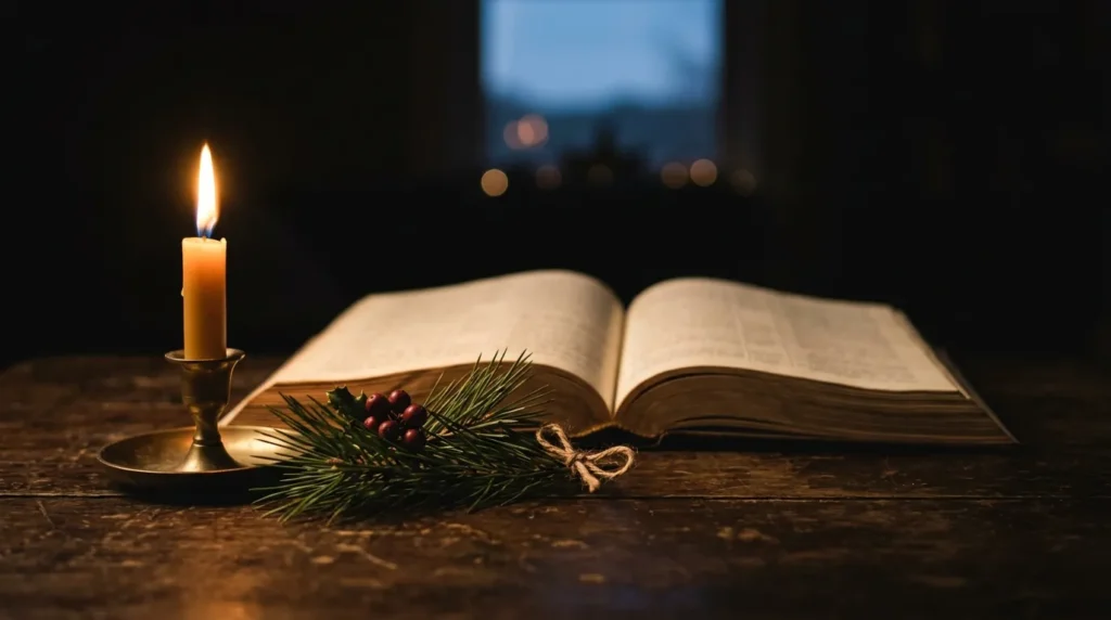 A lit candle beside an open Bible and pine for a Christmas Eve prayer