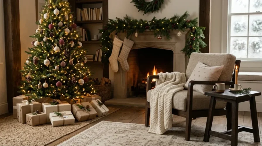 A warm decorated Christmas living room with a tree and soft lights, ready for family