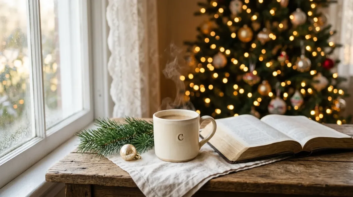 Coffee and an open Bible by a softly lit Christmas tree on a calm Sunday morning