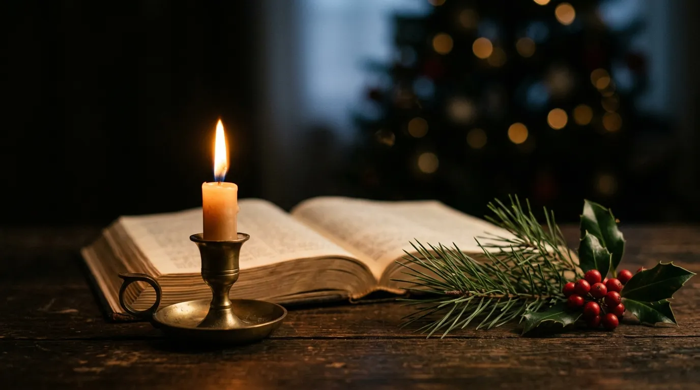 A single lit candle beside an open Bible and pine in warm, quiet Christmas light