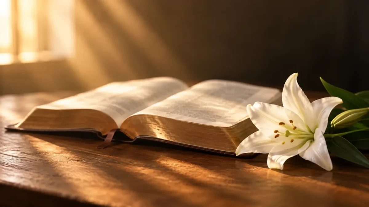 Open Bible in a beam of morning light with a single white lily for Easter Bible verses