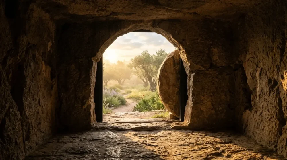 View from inside an empty garden tomb toward the Easter sunrise, with the stone rolled away