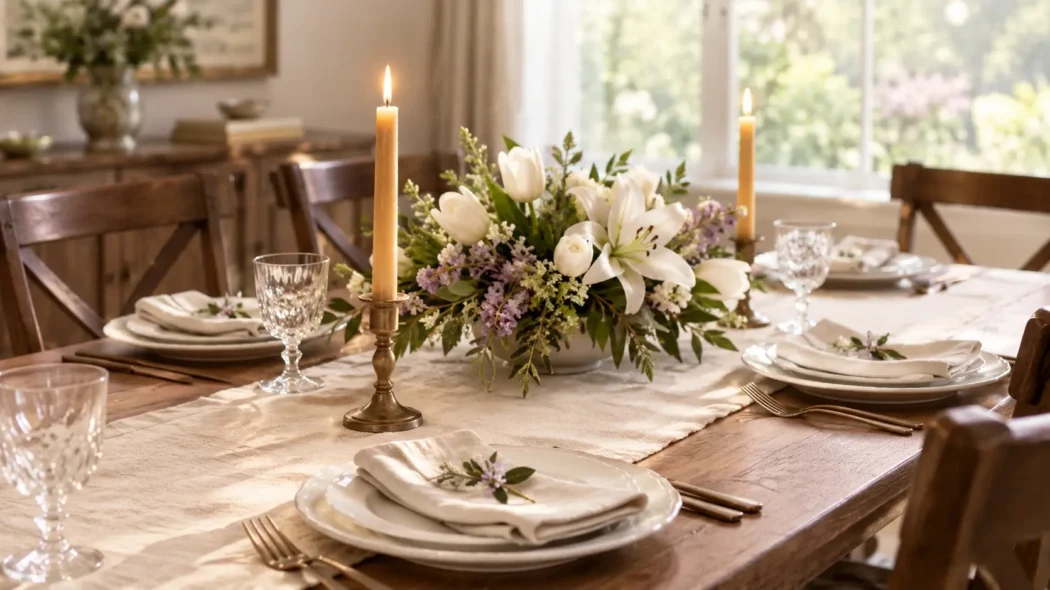 Easter dinner table set with white flowers and candles, ready for a family blessing