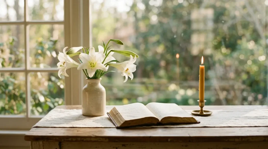 White Easter lilies beside an open Bible and a lit candle in soft morning light