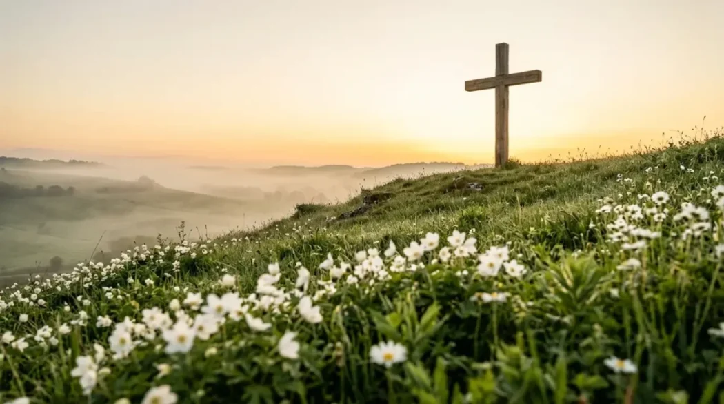 Easter blessings scene with an empty cross on a hill at sunrise and white spring flowers