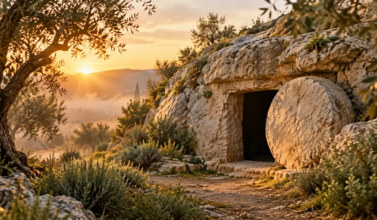 Dawn light over an empty garden tomb with the stone rolled away on the first day of the week