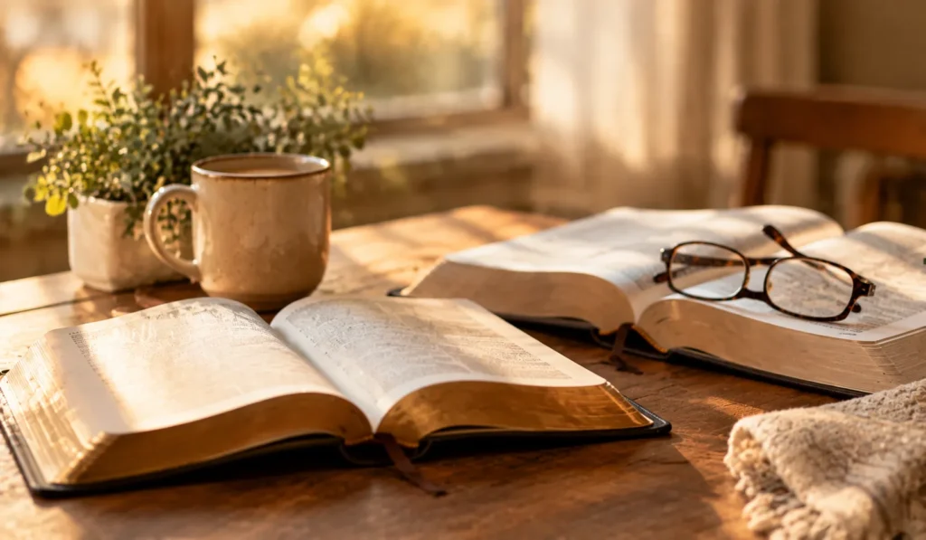 Open Bible beside a reference book and reading glasses in warm, careful light