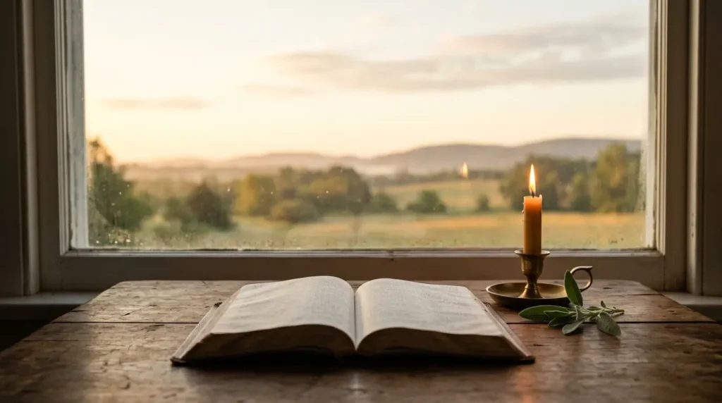 New year blessings scene with an open Bible and a candle.
