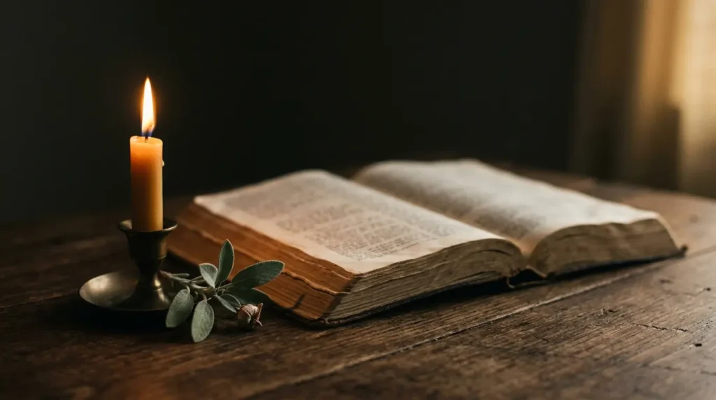 An open Bible by candlelight with sage for New Year Bible verses