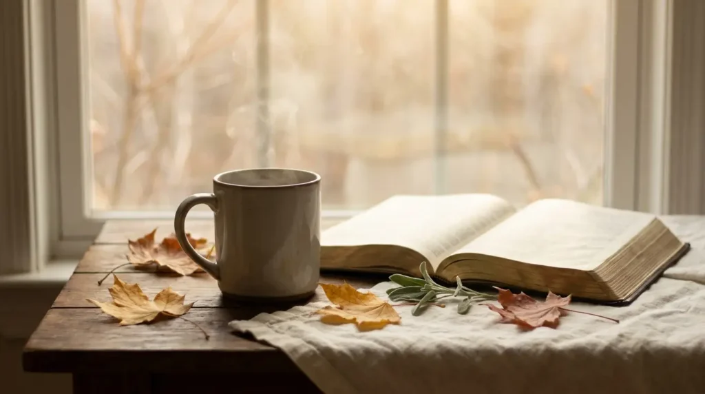 November blessings scene with an open Bible, coffee, and autumn leaves in soft morning light