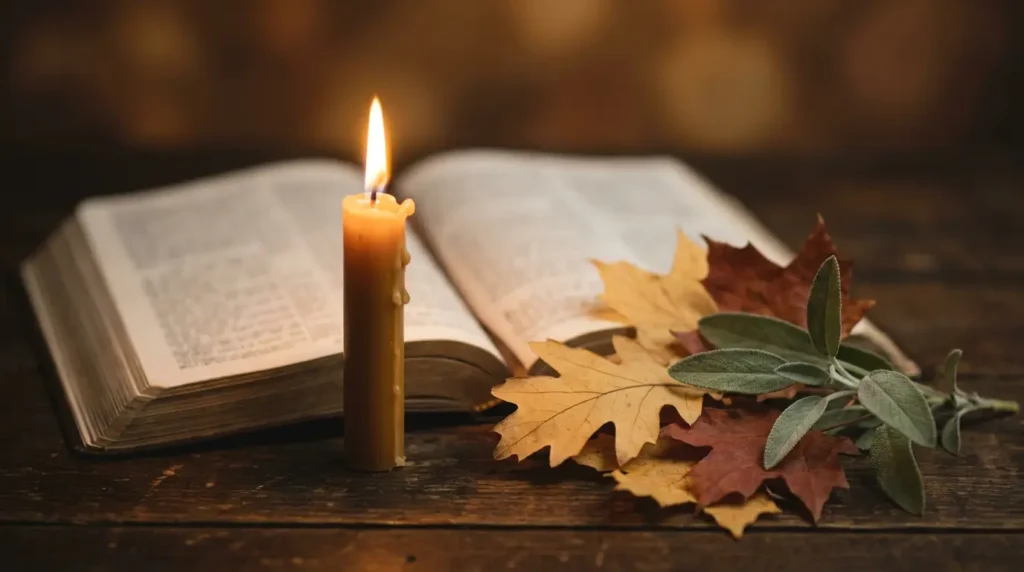 A lit candle with autumn leaves and an open Bible for November Sunday blessings