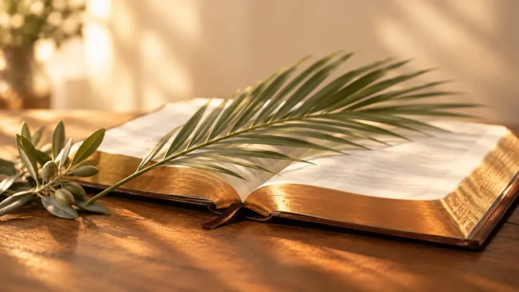 Palm branches and a palm cross on a wooden table in warm light for Palm Sunday blessings