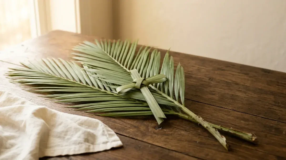 Fresh green palm branches and a woven palm cross in warm morning light for Palm Sunday blessings